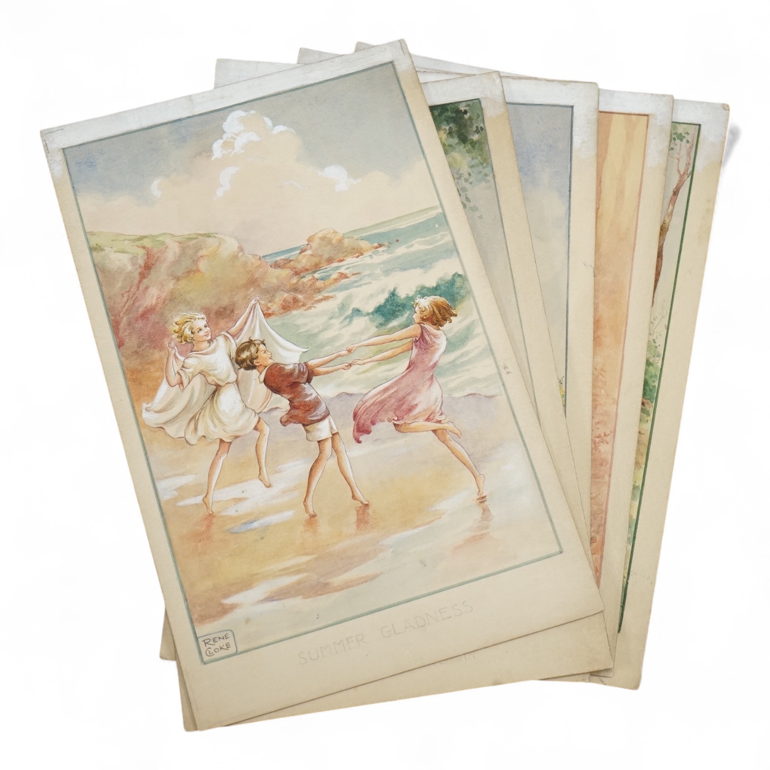 Rene Cloke (1904-1995), set of six original watercolours for children's postcard designs, Country Days to include Fog in the Valley, Spring Babies and Summer Noon, each signed, unframed, 21 x 13cm